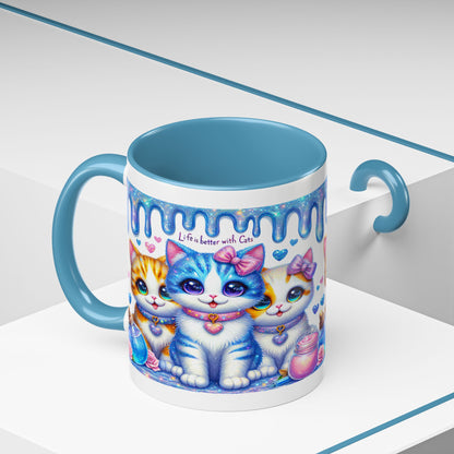 Cute Kawaii Cats Coffee Mug - "Life is Better with Cats" Accent Mug