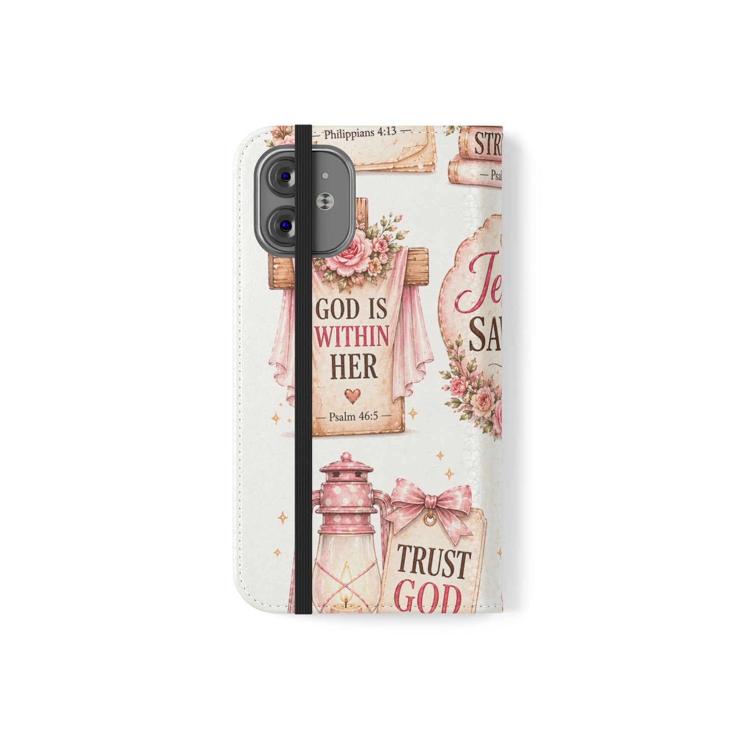Christian Floral Phone Flip Case — "Jesus Saves" & Inspirational Scripture Wallet Cover