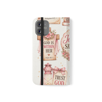 Christian Floral Phone Flip Case — "Jesus Saves" & Inspirational Scripture Wallet Cover