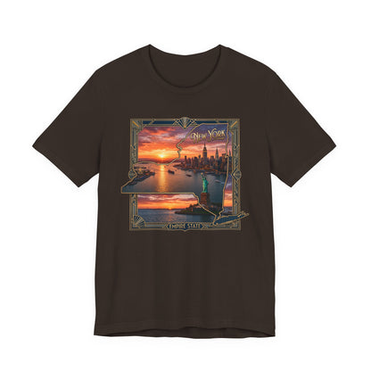 New York Sunset Skyline Tee — Statue of Liberty Vintage Travel T‑Shirt
