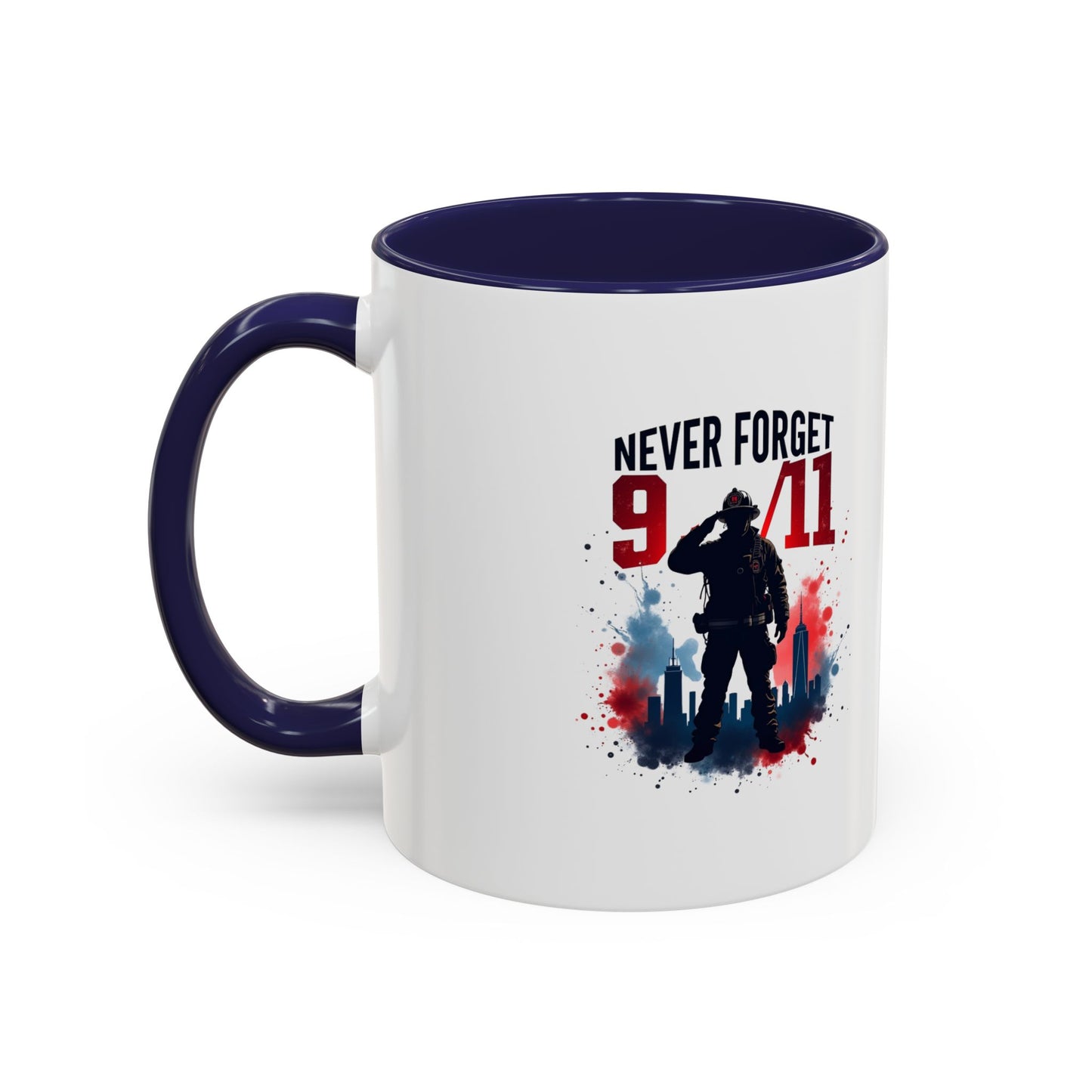 Never Forget 9/11 Accent Coffee Mug — Patriotic Memorial Tribute (11oz, 15oz)