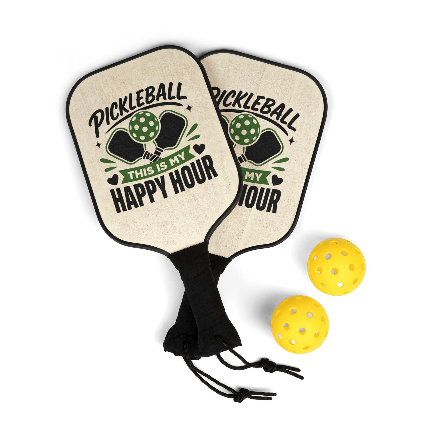 Pickleball Paddle Set – "Pickleball This Is My Happy Hour" Wood-Grain Paddle Kit with Balls