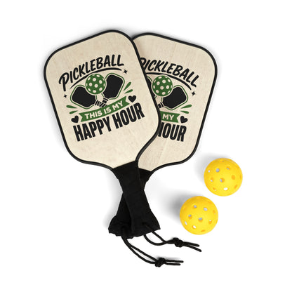 Pickleball Paddle Set – "Pickleball This Is My Happy Hour" Wood-Grain Paddle Kit with Balls
