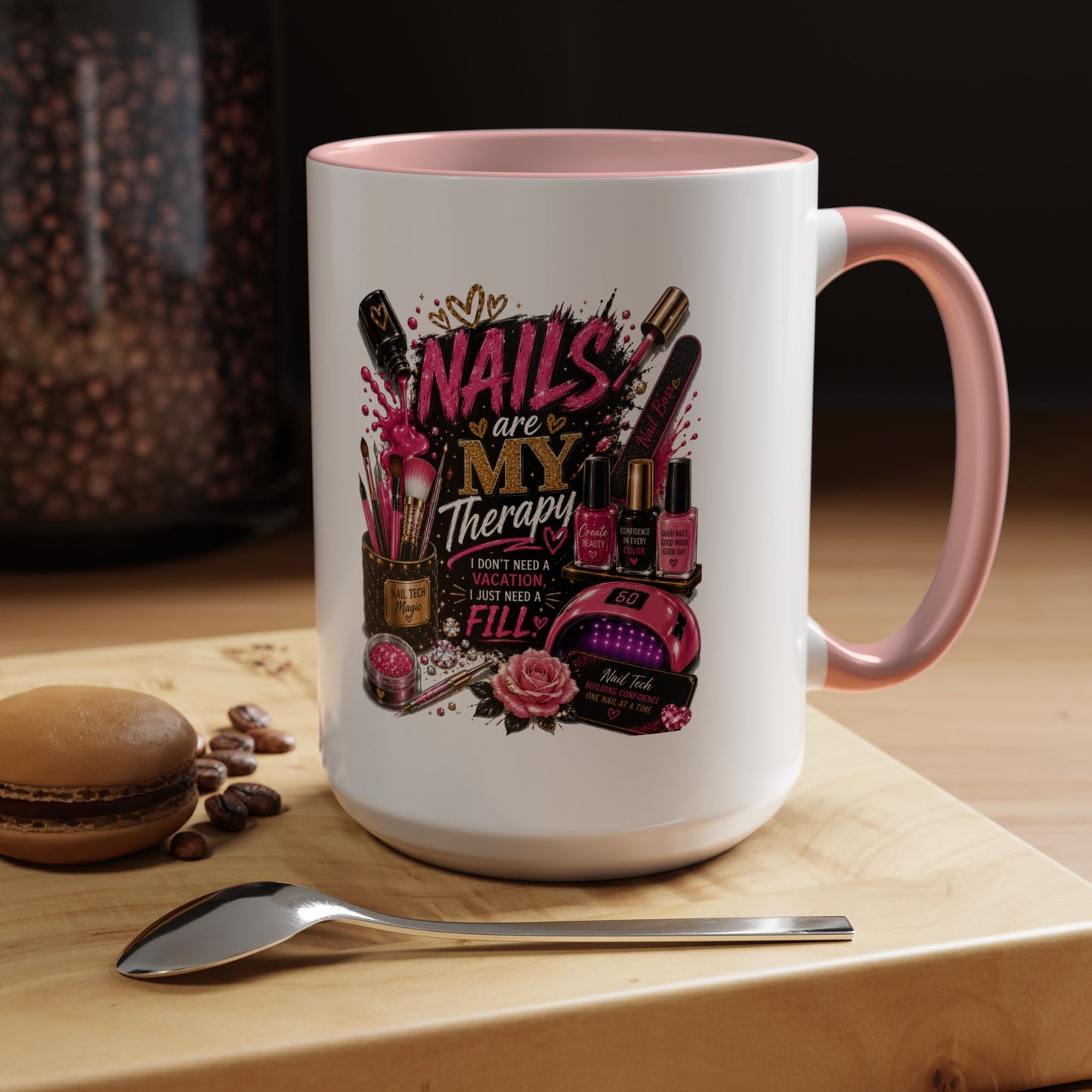 Coffee Mug — "Nails Are My Therapy" Pink Nail Tech Gift