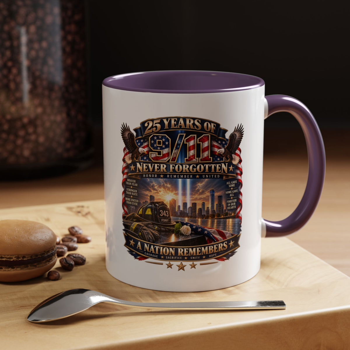 9/11 Memorial Coffee Mug — "25 Years of Never Forgotten" Patriot Tribute