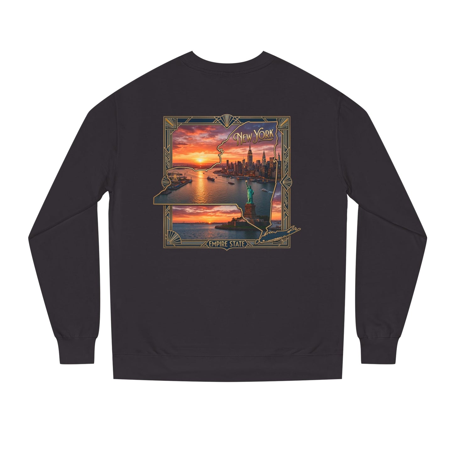 New York Sunset Crewneck Sweatshirt — Statue of Liberty Skyline Graphic