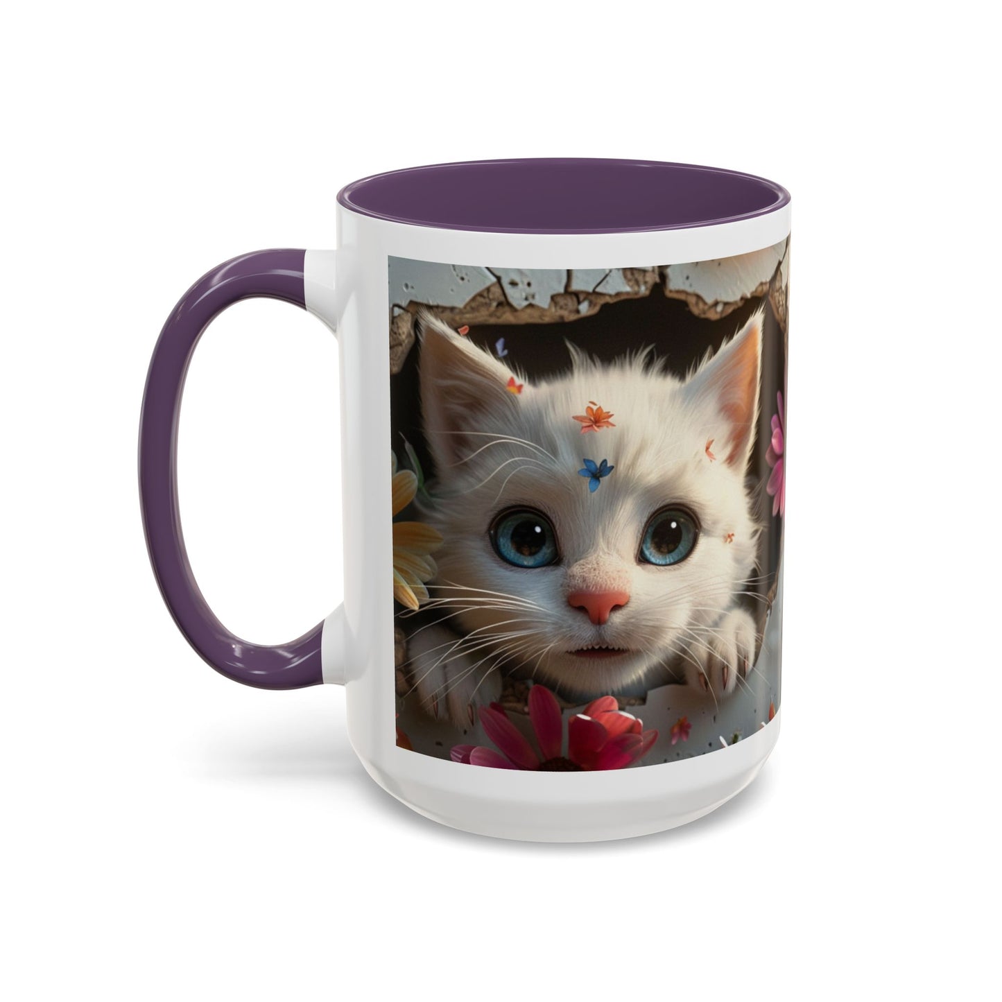 Cute White Kitten Coffee Mug – Floral Accent 11/15oz