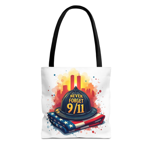 Never Forget 9/11 Memorial Tote Bag — Firefighter Helmet & Flag Tribute