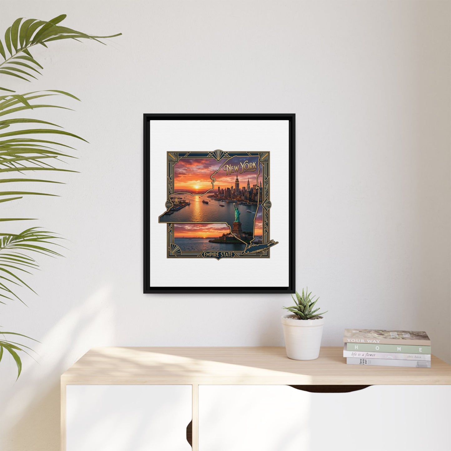 Framed Matte Canvas Wall Art — New York City Sunset Skyline with Statue of Liberty
