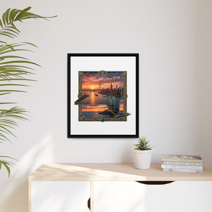 Framed Matte Canvas Wall Art — New York City Sunset Skyline with Statue of Liberty