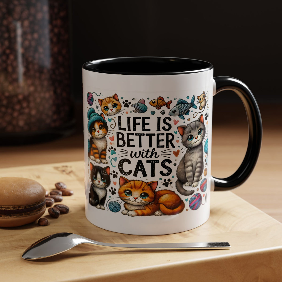 Life Is Better With Cats Accent Coffee Mug – Cute Kitten Ceramic Tea Cup (11/15oz)