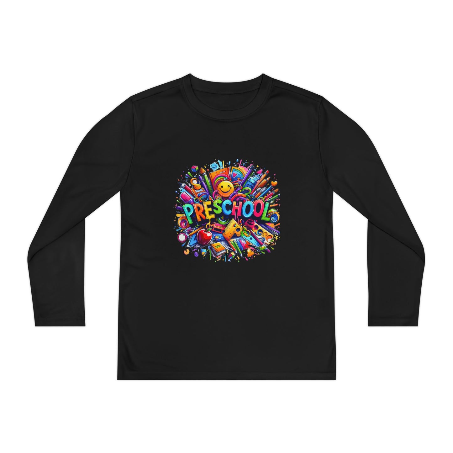 Youth Preschool Long Sleeve Tee - Colorful School Supplies Design