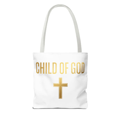 Child of God Tote Bag — Gold Cross Religious Canvas Tote