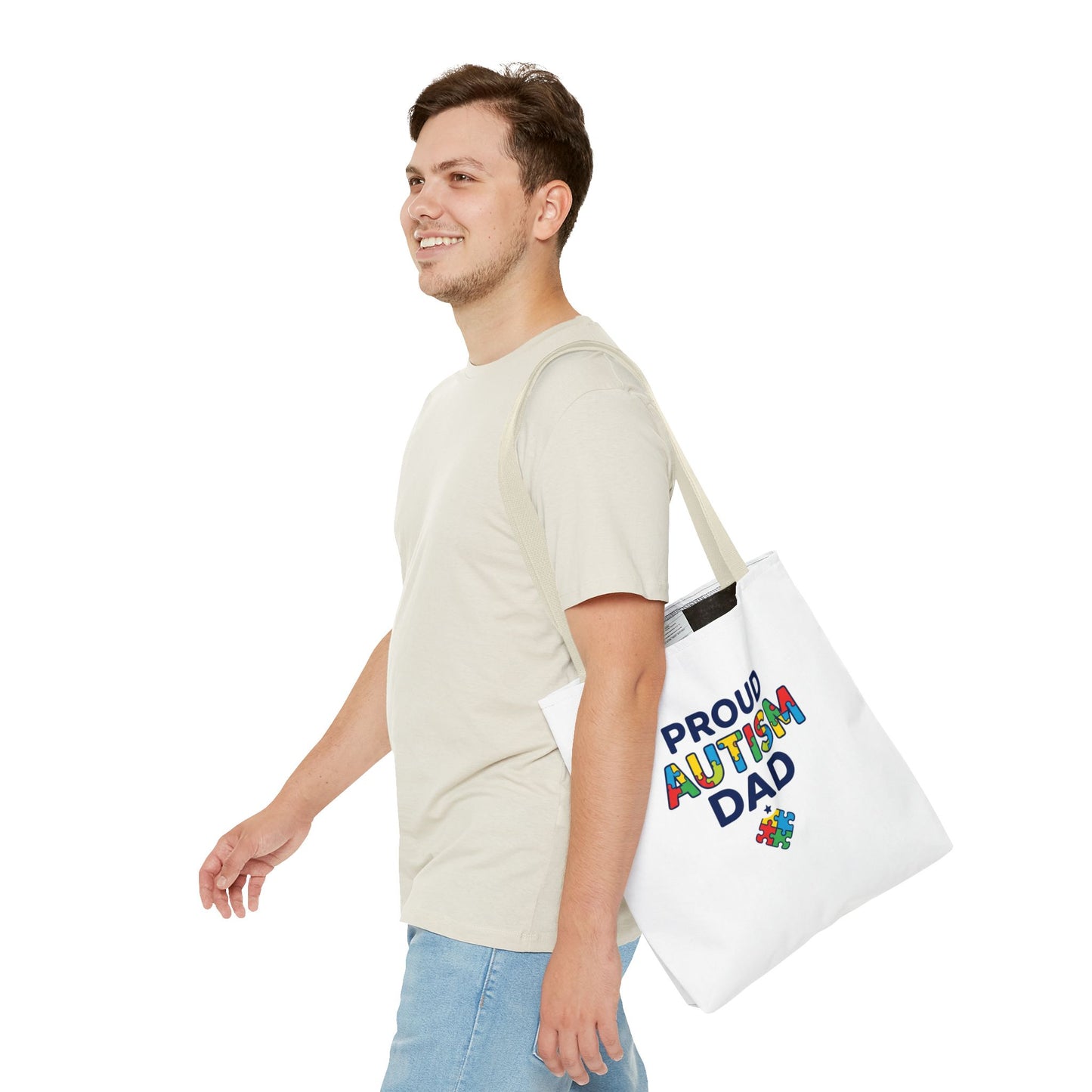 Proud Autism Dad Tote Bag — Colorful Puzzle-Heart Support Gift