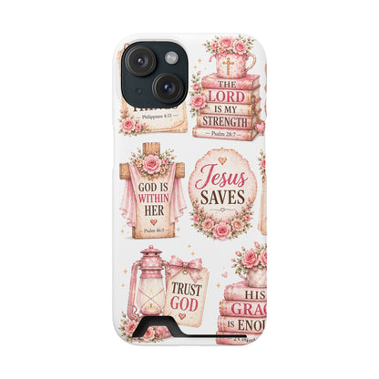 Christian Floral Phone Case with Card Holder — 'Jesus Saves' Inspirational Design
