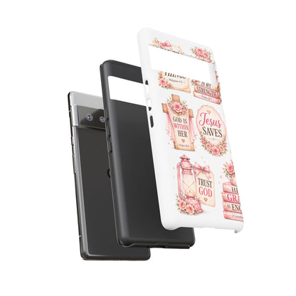 Christian Phone Case — Jesus Saves Floral Tough Case with 'God Is Within Her' & 'Trust God' Design