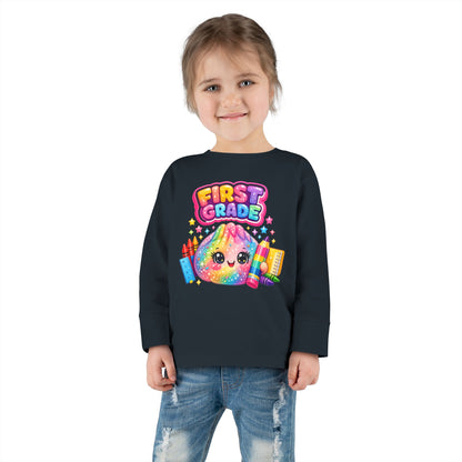 First Grade Toddler Long Sleeve Tee — Colorful Back-to-School Rainbow Crayon Design