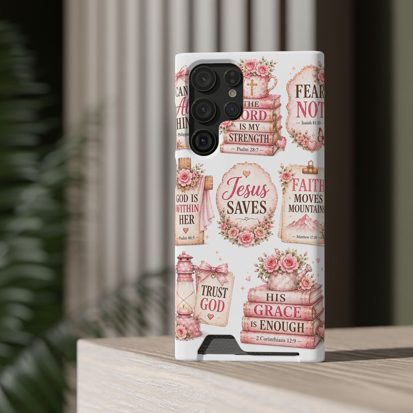 Christian Phone Case with Card Holder — 'Jesus Saves' Floral Scripture Design