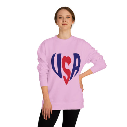 USA Heart Crewneck Sweatshirt — Patriotic Red & Blue Graphic