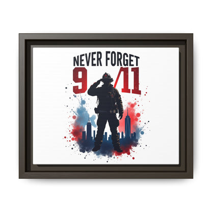 Never Forget 9/11 Framed Canvas Print — Patriotic Firefighter Memorial Art