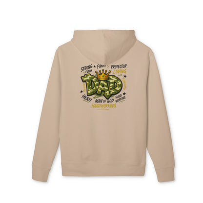 Dad Hoodie — 'Dad' Crown Graphic with 'Strong • Funny • Protector' Typography