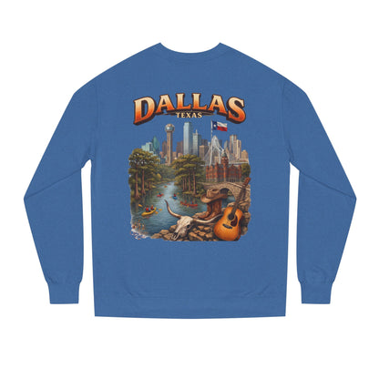 Dallas Skyline Crewneck Sweatshirt — Texas Cityscape & Acoustic Guitar Design
