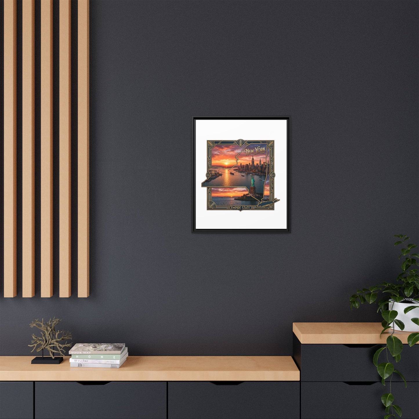 Framed Matte Canvas Wall Art — New York City Sunset Skyline with Statue of Liberty