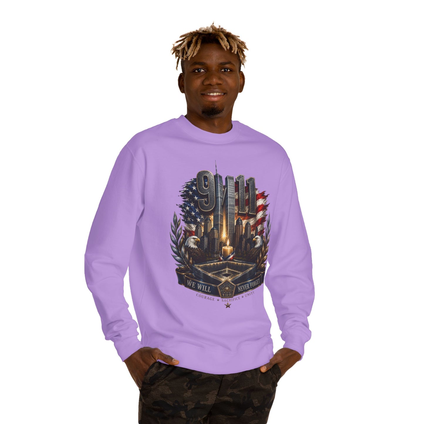 9/11 Memorial Crewneck Sweatshirt — We Will Never Forget Tribute