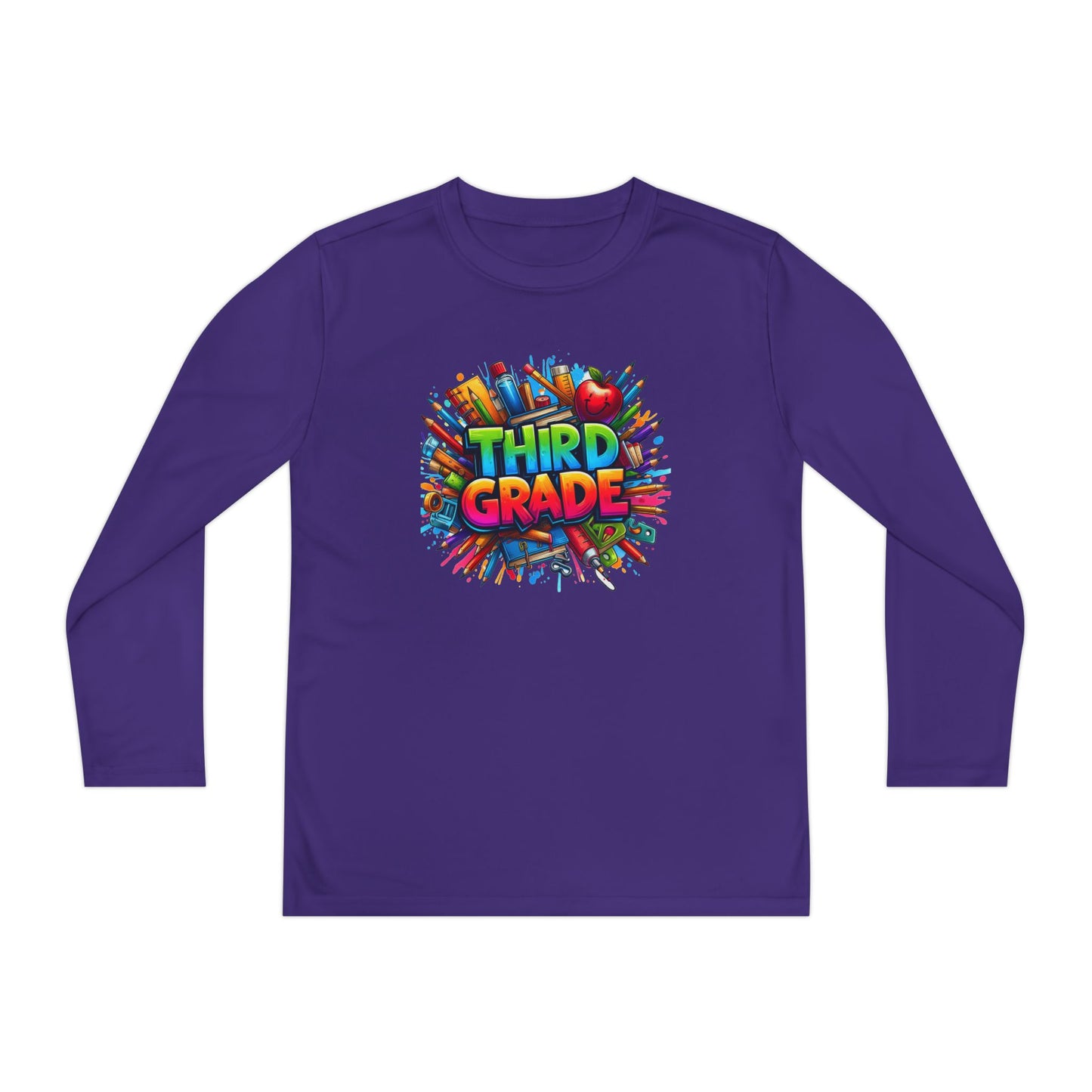 Third Grade Youth Long Sleeve Tee — Colorful School Supplies Design