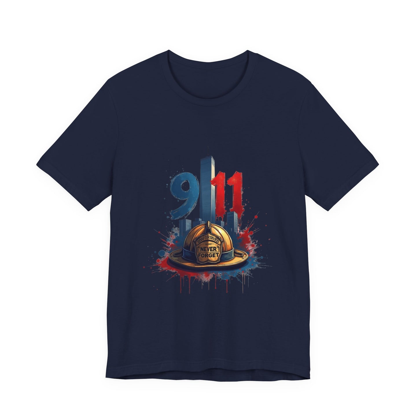 9/11 Firefighter Memorial Tee — Tribute T-Shirt with Helmet & Twin Towers Design