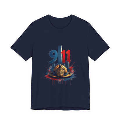 9/11 Firefighter Memorial Tee — Tribute T-Shirt with Helmet & Twin Towers Design