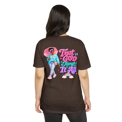 Trust God Through It All T-Shirt — Inspirational Faith Tee with Colorful Girl Illustration