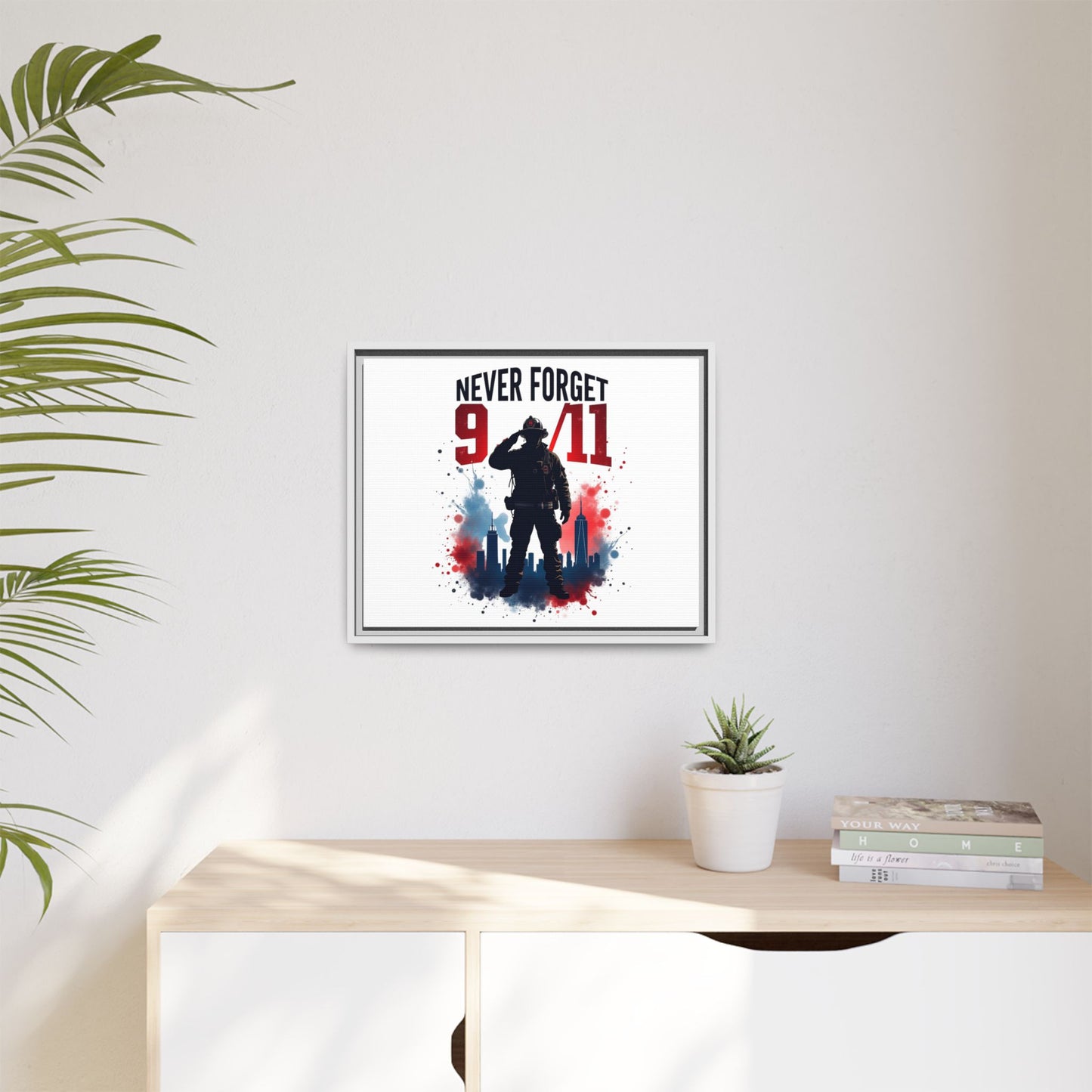 Never Forget 9/11 Framed Canvas Print — Patriotic Firefighter Memorial Art