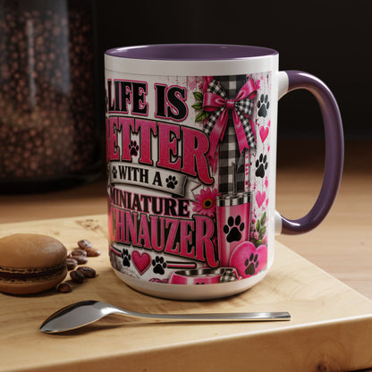 Life Is Better With A Miniature Schnauzer Accent Coffee Mug — Pink Paw Print Dog Lover Gift (11/15oz)