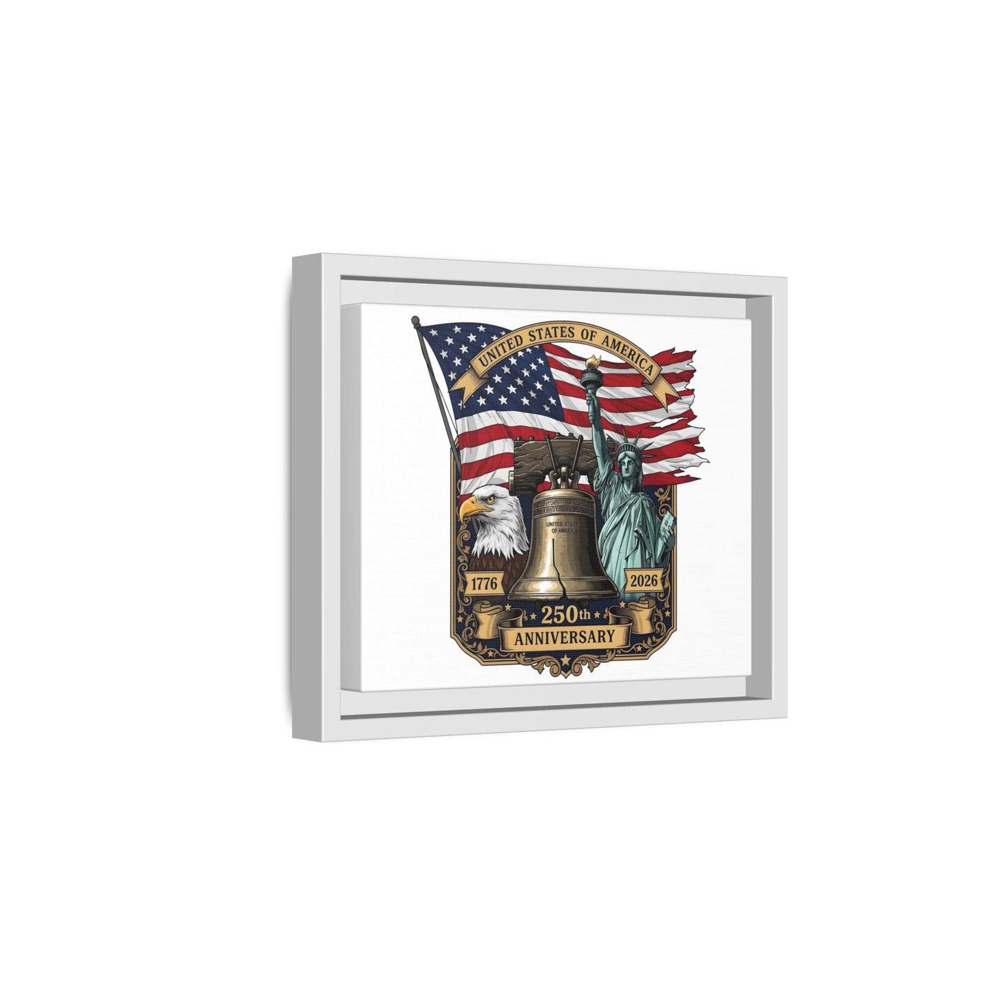 Liberty 250th Anniversary Framed Canvas Print — American Flag, Statue of Liberty & Liberty Bell Art