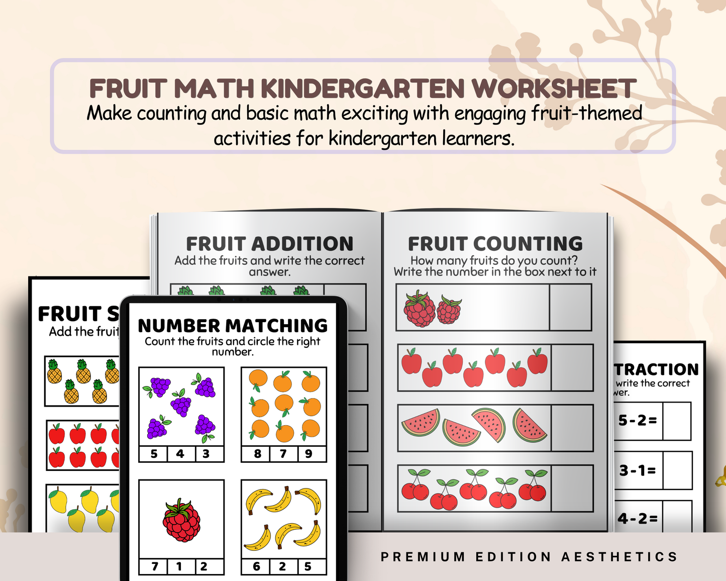 Fruit Math Worksheet for Kindergarten | Printable Counting & Addition Activities with Fun Fruit Theme