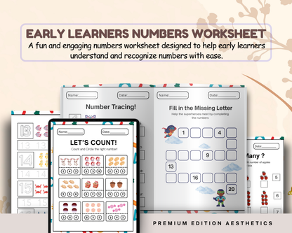 Early Learners Numbers Worksheet | Printable Number Tracing, Counting & Math Activities for Kids