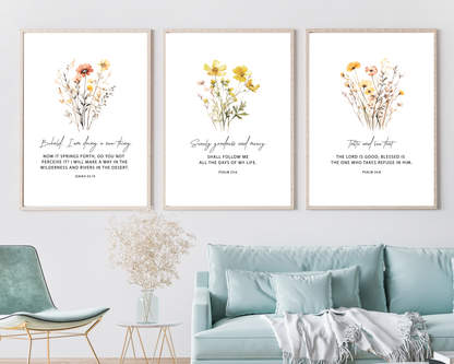 Christian Floral Wall Art Set of 3 | Bible Verse Printable, Feminine Scripture Decor, Boho Neutral Faith Home Wall Prints