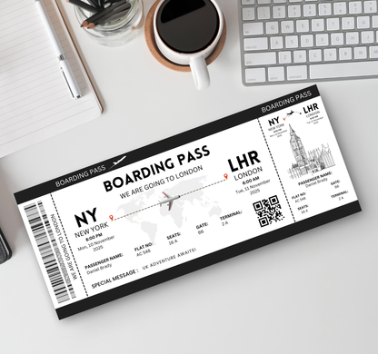 London Boarding Pass & Ticket Template | Editable Canva Travel Ticket Invitation & Party Invite