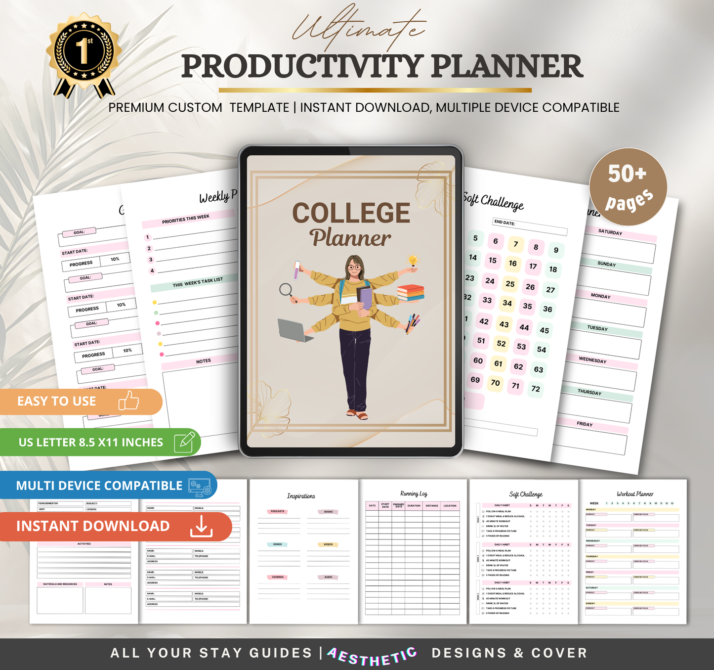 Productivity Planner | Daily, Weekly & Monthly Digital Planner PDF
