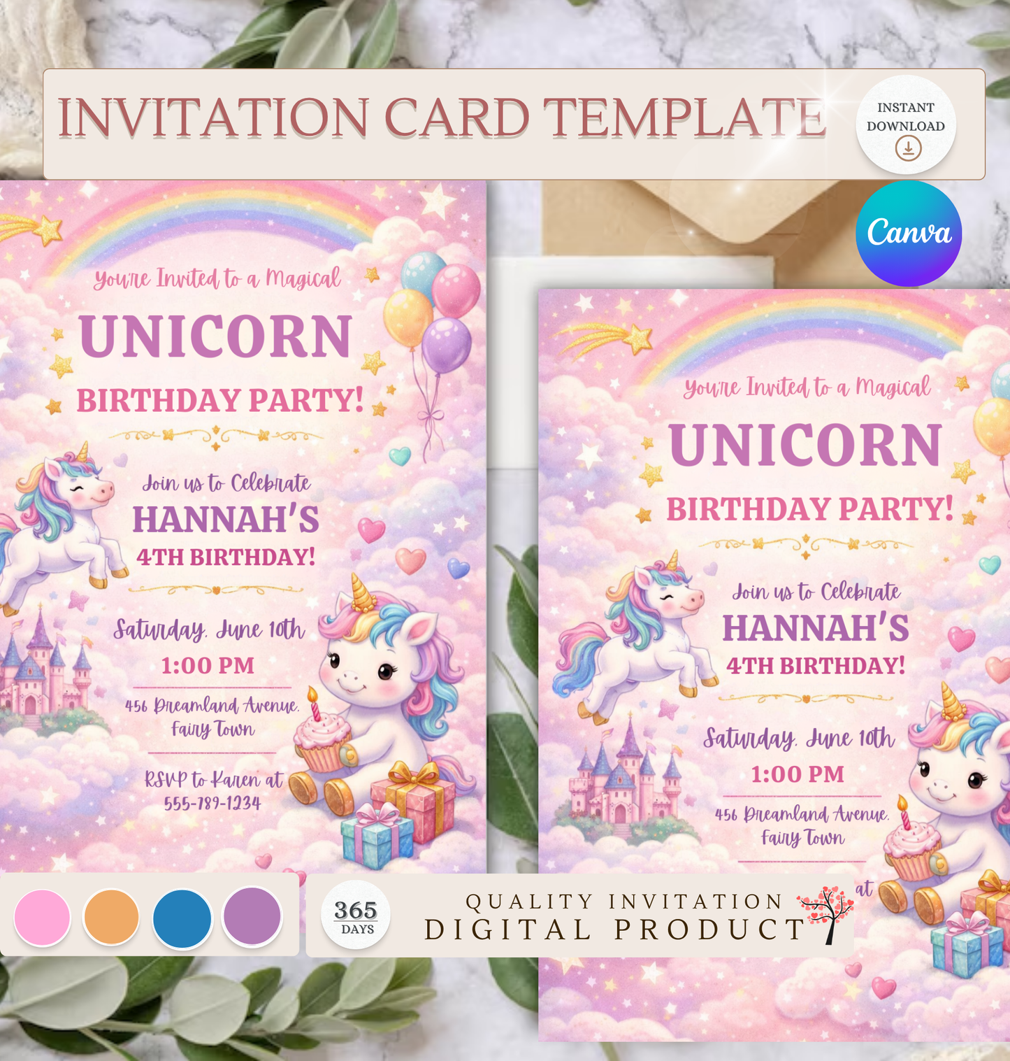 Unicorn Birthday Invitation Template | Editable Kids Magical Party Invite