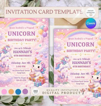 Unicorn Birthday Invitation Template | Editable Kids Magical Party Invite