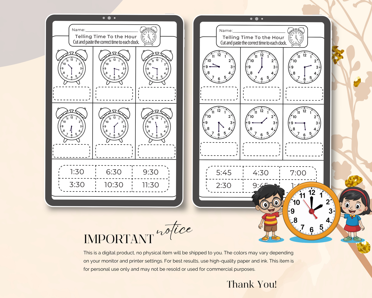 Telling Time Clock Worksheet | Printable Time Learning Exercises for Kids & Beginners