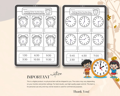 Telling Time Clock Worksheet | Printable Time Learning Exercises for Kids & Beginners