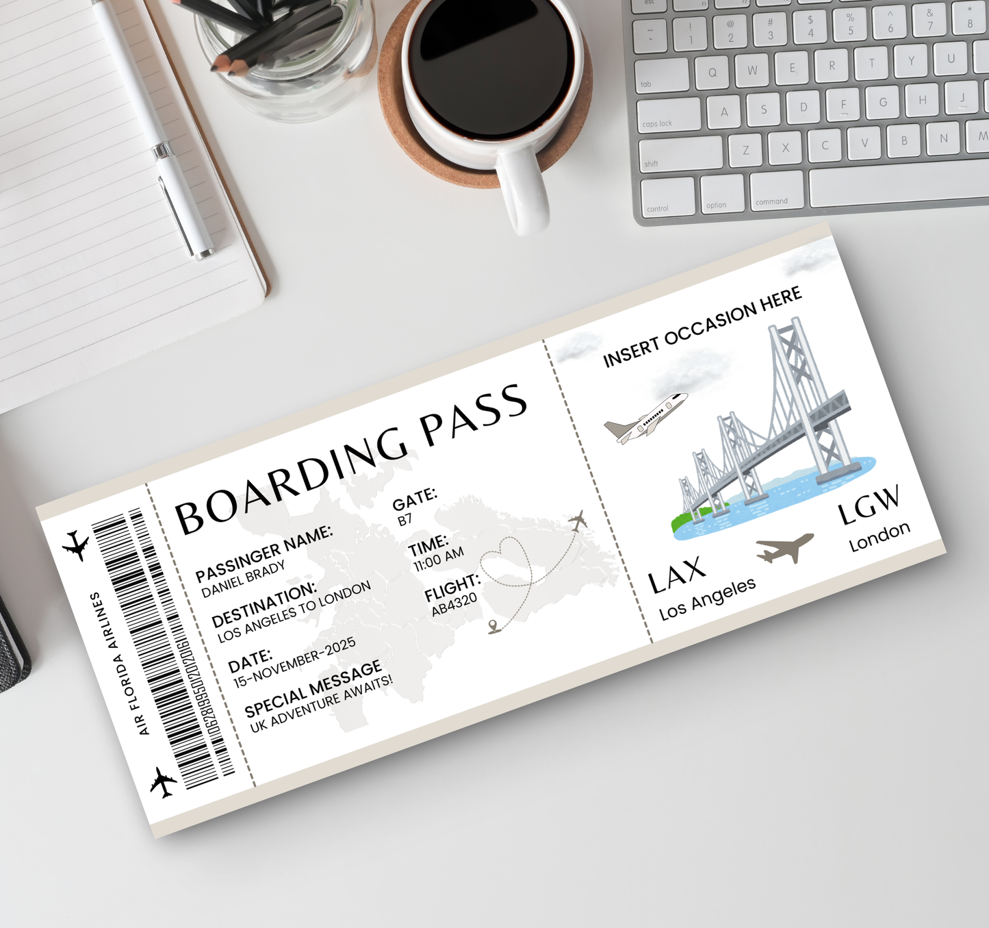 London Boarding Pass & Ticket Template | Editable Canva Travel Invite & Event Ticket Design
