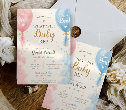 Baby Reveal Invitation Template | Editable Gender Reveal Party Invite Canva Template