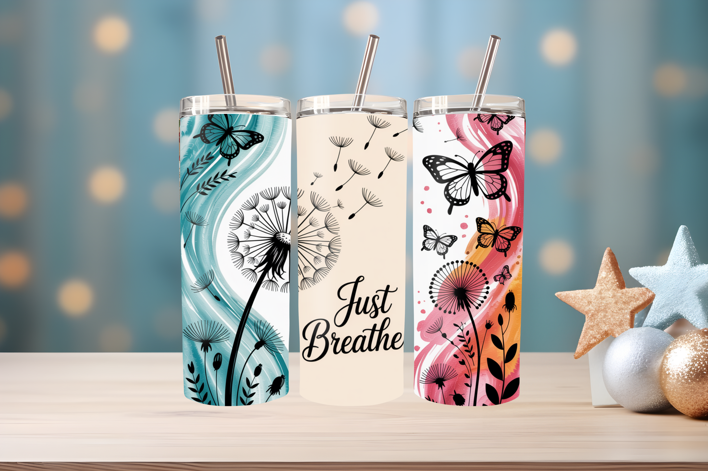 Just Breathe Tumbler Wrap PNG | Motivational Quote Design, 20oz Skinny Tumbler Sublimation, Mindfulness &amp; Self Care Tumbler Template