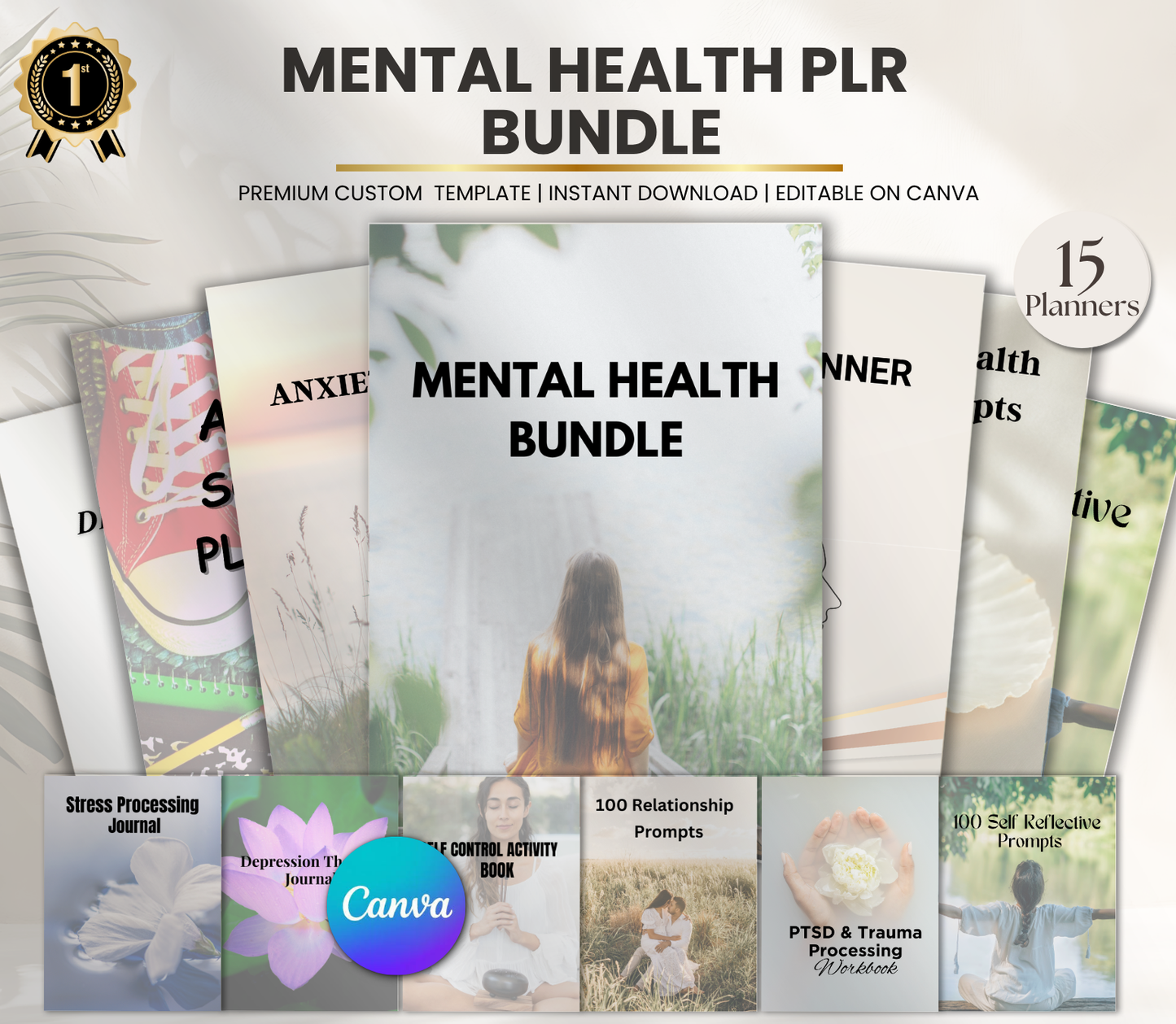 Mental Health PLR Bundle | Editable Canva Wellness & Self-Care Templates for Digital Products