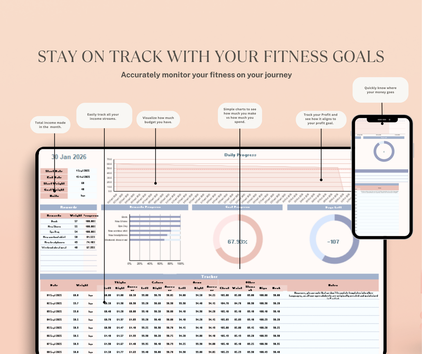 Weight Loss Tracker Spreadsheet | Fitness & Progress Google Sheets Body Measurement Planner