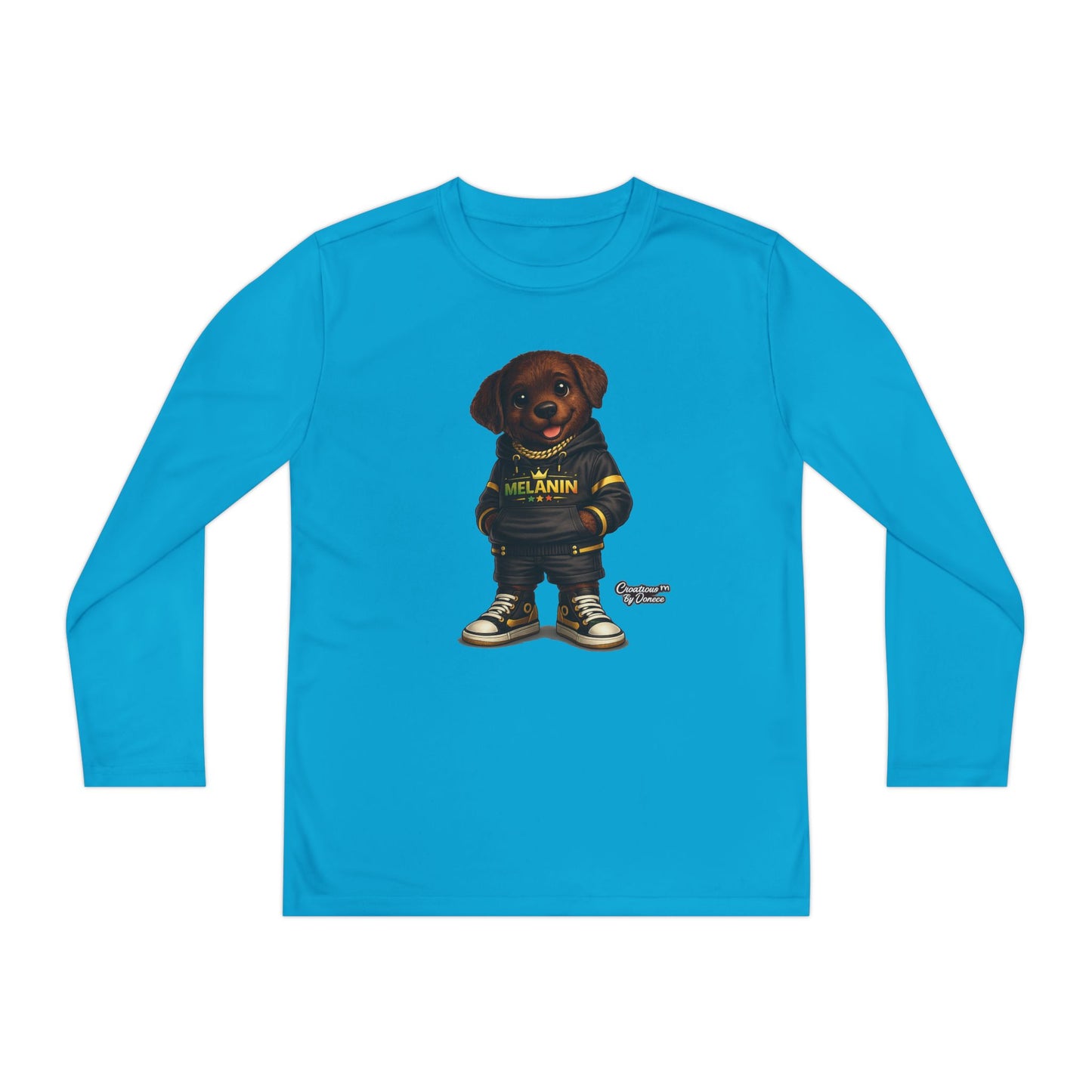 Youth Long Sleeve Tee — Cute Rottweiler Pup Graphic "Melanin" Hoodie Design